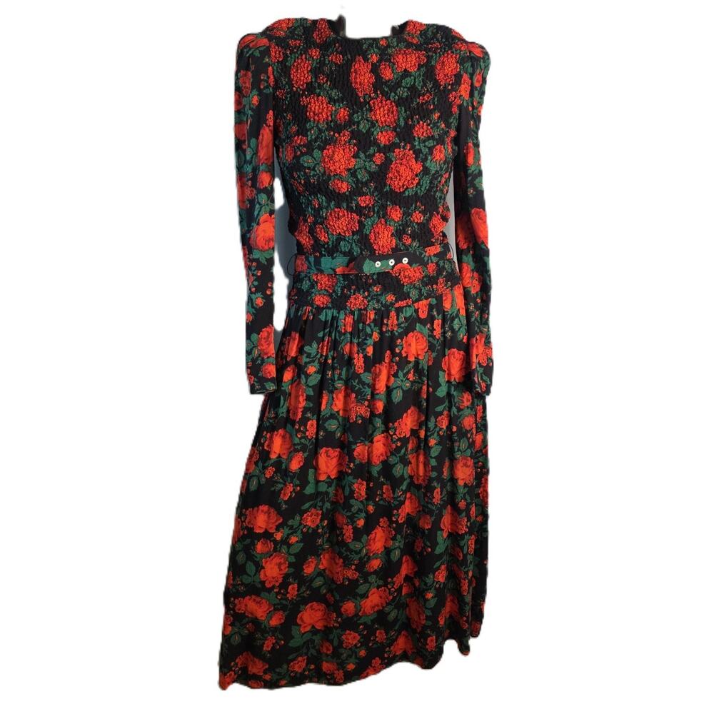 VTG 80s Act 1 Red Black Floral Belted Puff Sleeve Smocked Bodice Dress - Lot 3-4